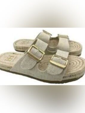 Haute Hippie Nikki Woven Espadrille slide sandals with gold buckles. Size 8